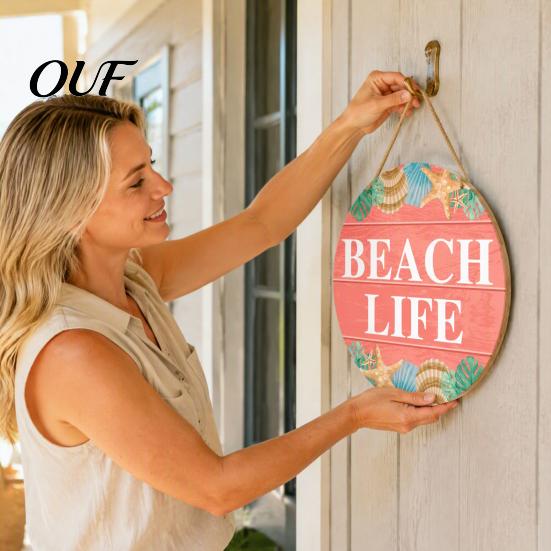 Summer Party Supplies Wooden Swim Ring Hanging Sign for Pool Decoration, Beach Theme Wall Decor Art with Hemp Rope, Double Layer Seaside Bathroom