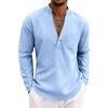 Loose-fit, breathable men’s casual linen shirt with a wide V-neck and a stand-up collar, ideal for outdoor wear