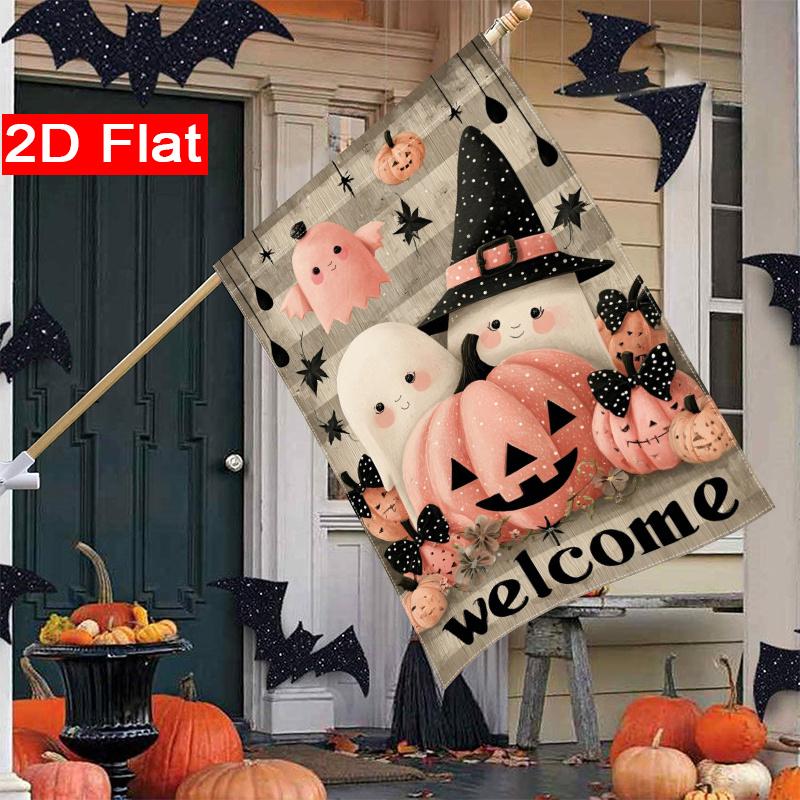 2D Flat, 2D Flat - 2D Flat Halloween Pink Pumpkin Garden Flag X 2 (1) Outdoor Garden Flag Double-Sided Home Decoration Courtyard Decoration Outdoor D
