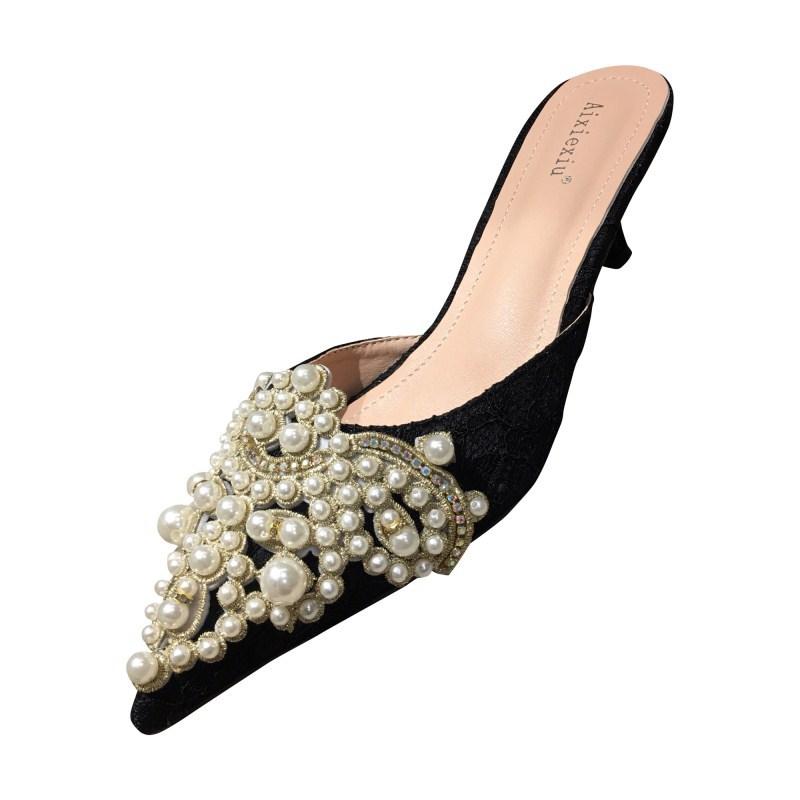Fashion Large Pearl Women Shoe Autumn Lace Rhinestone Mid Heel Half Slipper Sandals Fashion Muller Shoes Casual Versatile Single Shoes