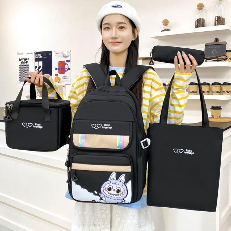 4pcs Classic Casual Backpack Neutral Printed Student Backpack Pencil Case Crossbody Bag Storage Bag Set