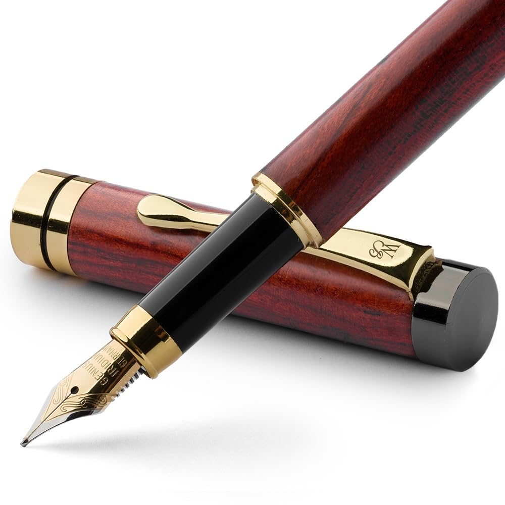 Wordsworth Black Premium Wooden Fountain Pen Crest 6 Fountain Pen Ink Cartridges 24K Gold Finish 18K Medium Nib Suitable for Men and Women