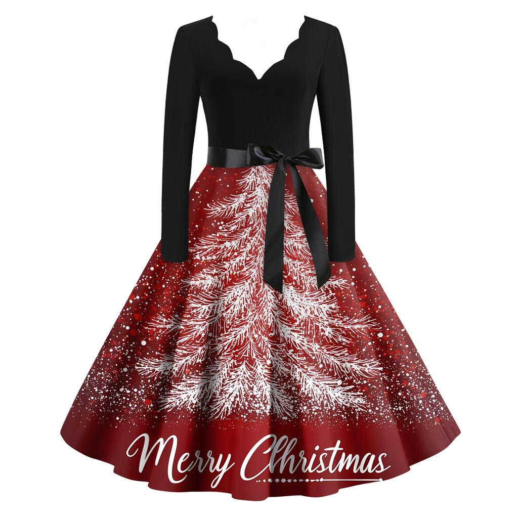 Женские модные повседневные тонкие рождественские платья с длинным рукавом с v-образным вырезом и принтом