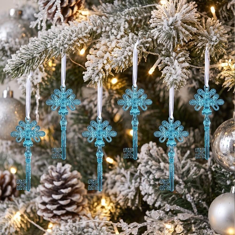 6Pcs Transparent Christmas Icicle Pendants DIY Snowflake Acrylic Key Pendants with Ribbons Exquisite Christmas Tree Ornaments