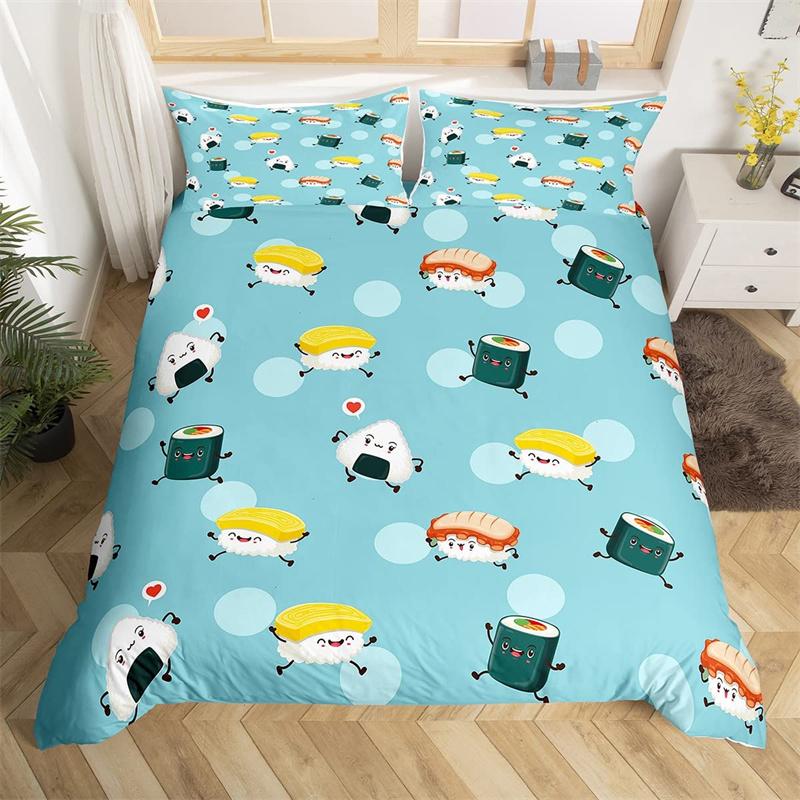 Cartoon Sushi Food Duvet Cover Twin For Kids Teen Microfiber Japanese Cuisine Bedding Set Kawaii Cat Cherry Blossoms Quilt Cover