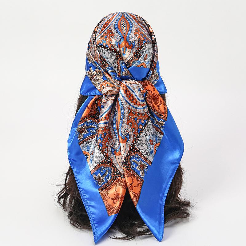 Satin Square Scarf Women Muslim Hijab Elegant Print Silk Neckerchief Shawl Wraps Headband Handle Hair Accessories Bandana