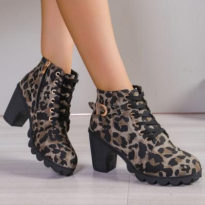 Модная шнуровка, женские ботинки 2024, зимние, с круглым носком, леопардовым принтом, короткие, на толстом каблуке, на молнии, больших размеров, модные ботинки