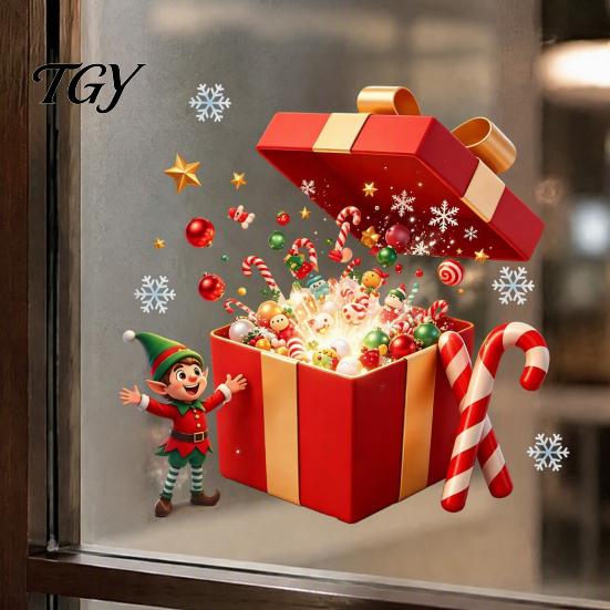 Holiday Window Murals Christmas Elf Gift Box Static Clings, Reusable Stickers, Ideas Candy Cane Snowflake Glass Stickers for Home Shop Decor Clings