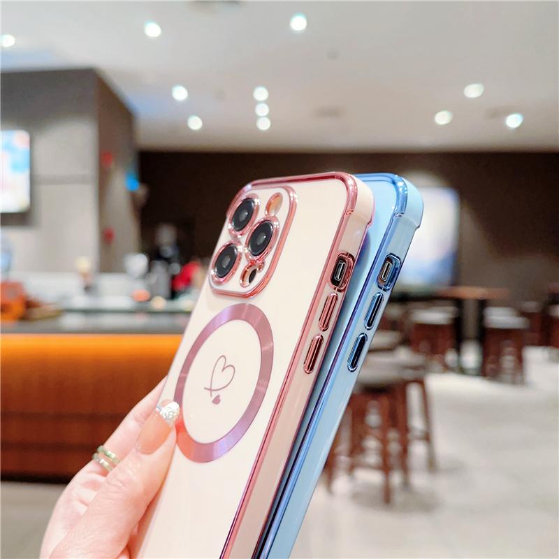 Для iPhone Роскошный чехол для телефона в форме сердца с магнитным покрытием Magsafe и узором рамки для iPhone 11 12 13 14 15 16 Plus Pro Max