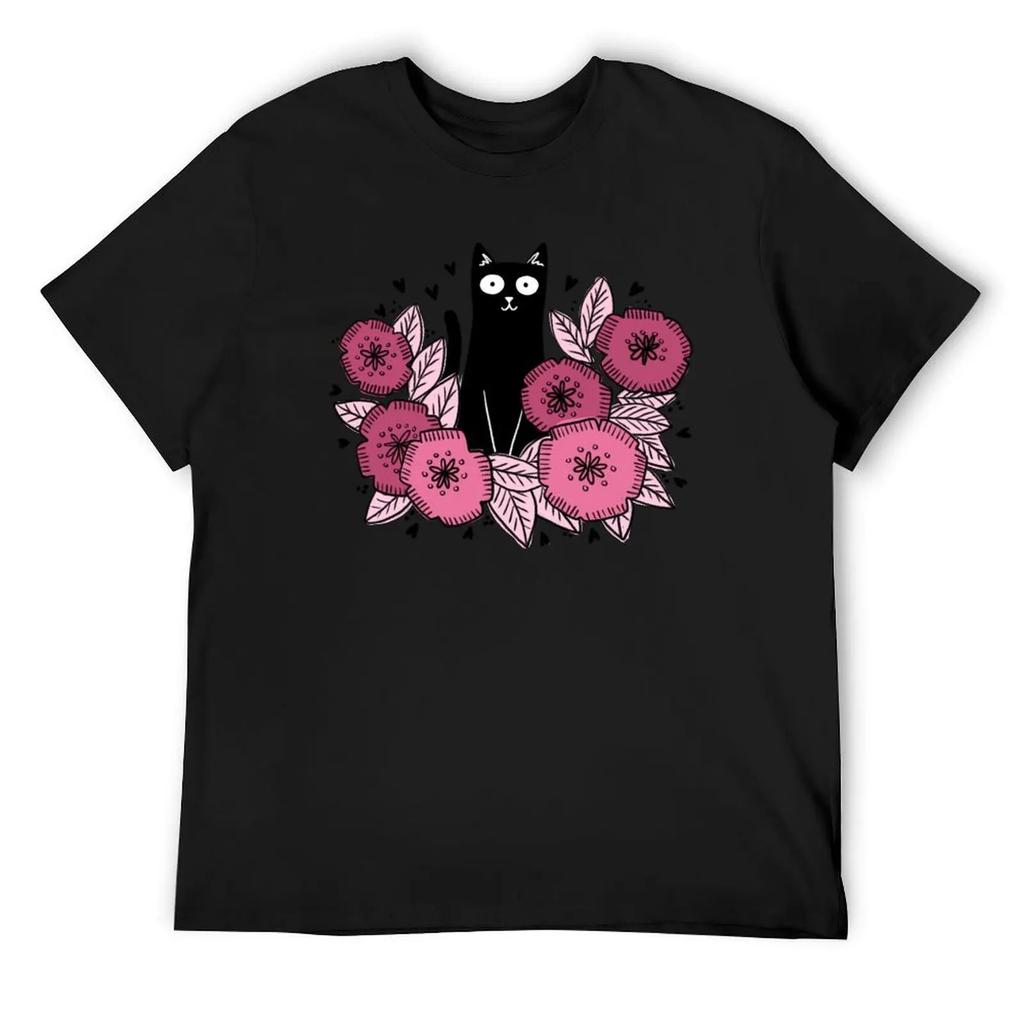 Футболка с изображением кота и цветка, графическая футболка, винтажная футболка для мальчиков с принтом животных, аниме-фигурки, мужская одежда больших размеров