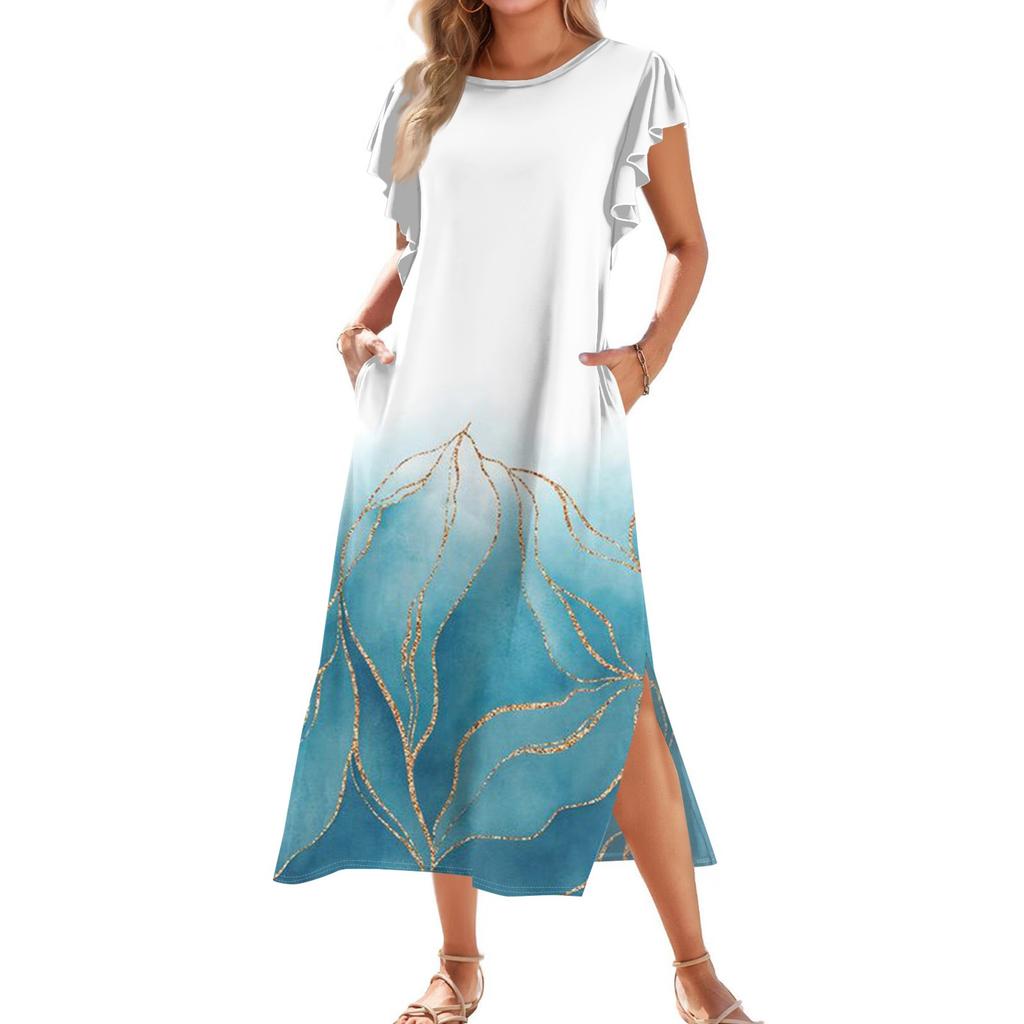 Женское модное летнее повседневное пляжное платье с плиссированными рукавами, свободным ретро-цветочным принтом, короткими рукавами, круглым завязкой и карманом