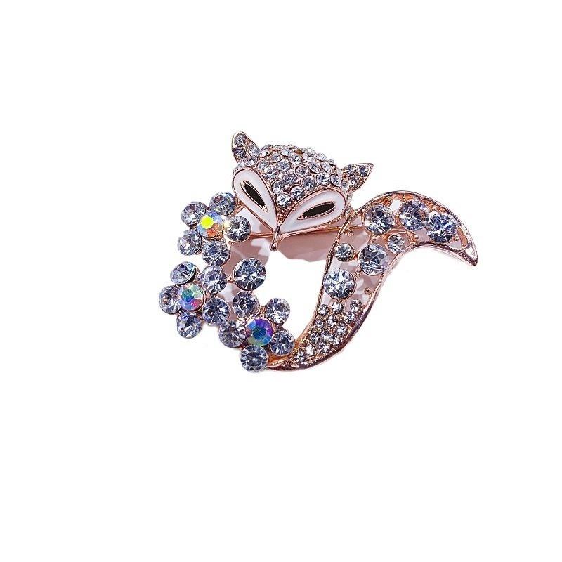 1PC Shiny Crystal Rhinestone Fox Brooch with Floral Accents for Women