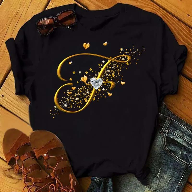 Custom Name Letter Combination Fashion Women T-shirt Diamond Gold Letter Font Short Sleeve Tops Black T-shirt