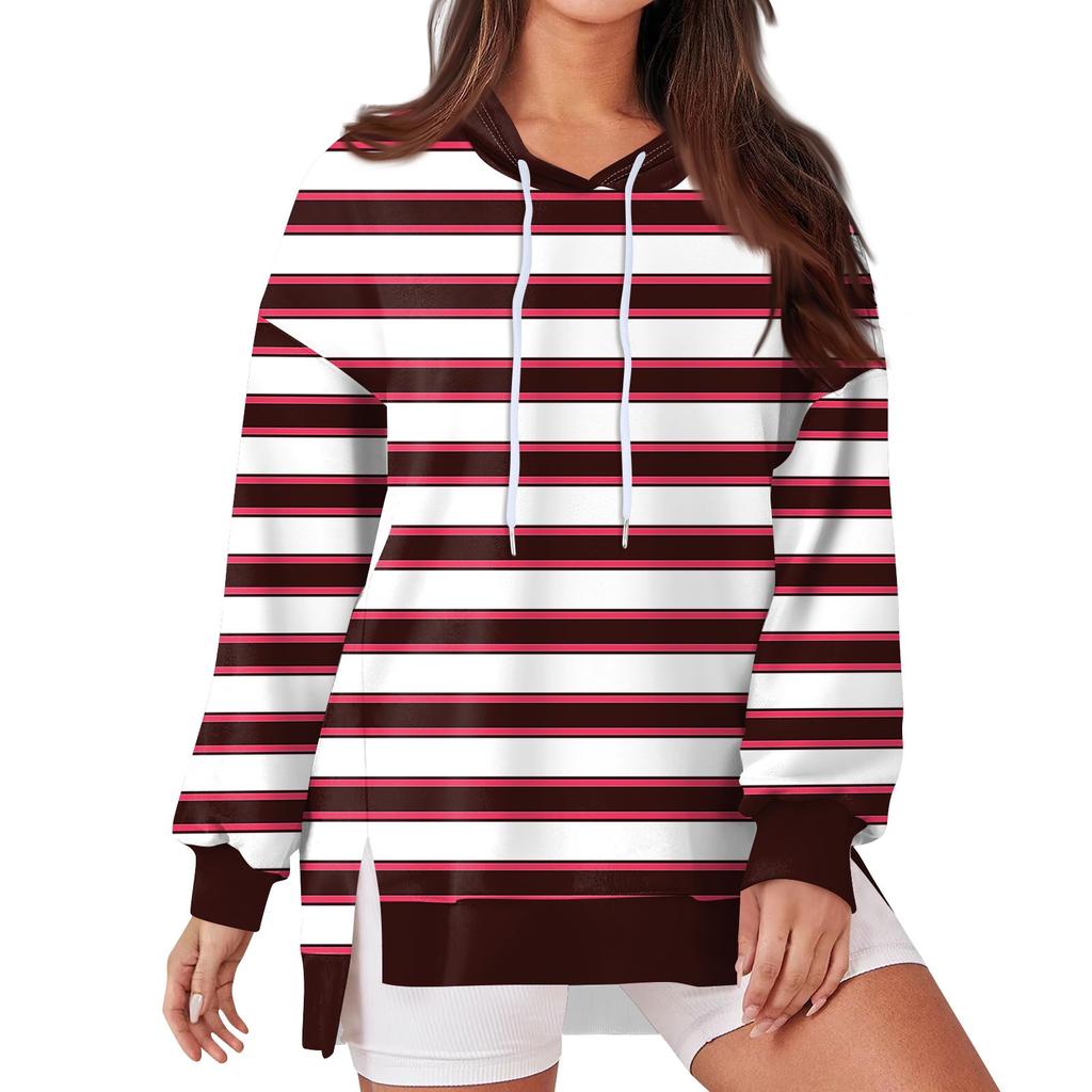 Женская модная повседневная толстовка с капюшоном с длинными рукавами и завязками, полосатая лоскутная принтованная свободная толстовка с разрезом