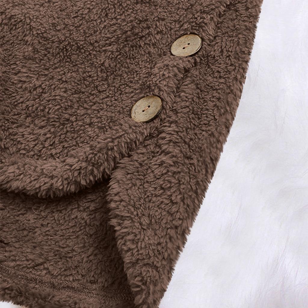 Women Plus Size Button Plush Tops Hooded Loose Cardigan Wool Coat Winter Jacket
