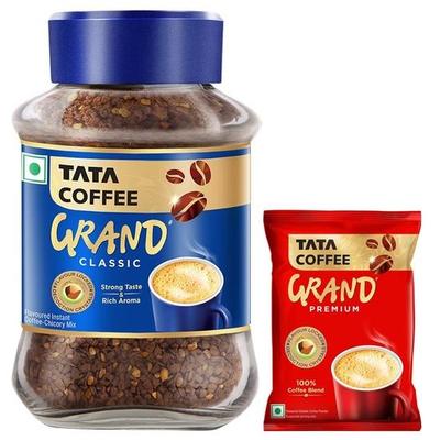 Растворимый кофе Tata Coffee Grand Classic | С кристаллами декокции с запечатанным вкусом | Банка 95 г | Пакетик 50 г, Мешок, Порошок