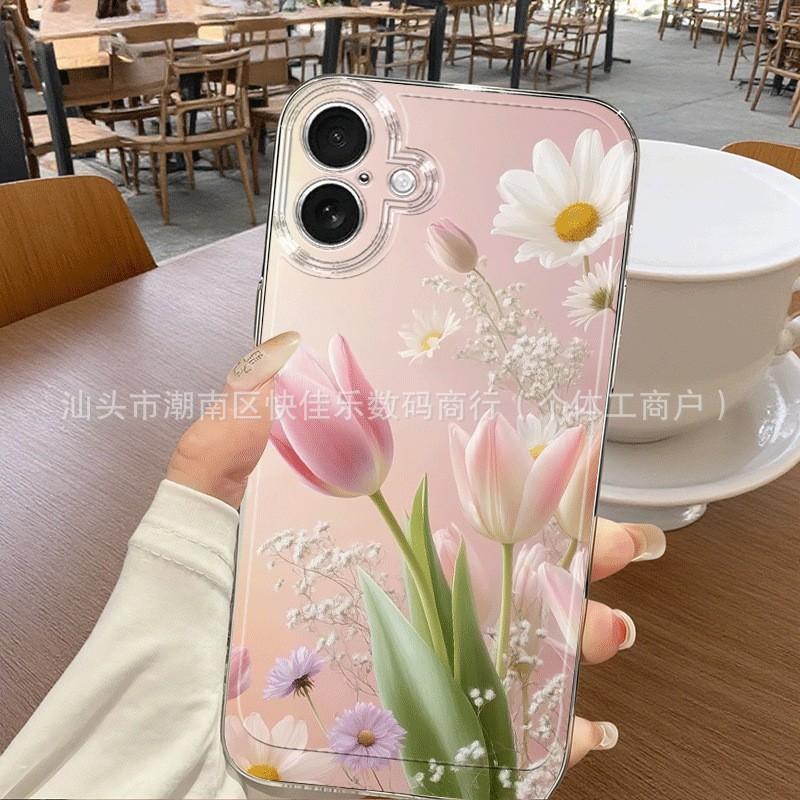 Прозрачный чехол для iPhone 15/14 Pro Max с розовым тюльпаном 11/12/13 полноразмерный противоударный 16/17 PM