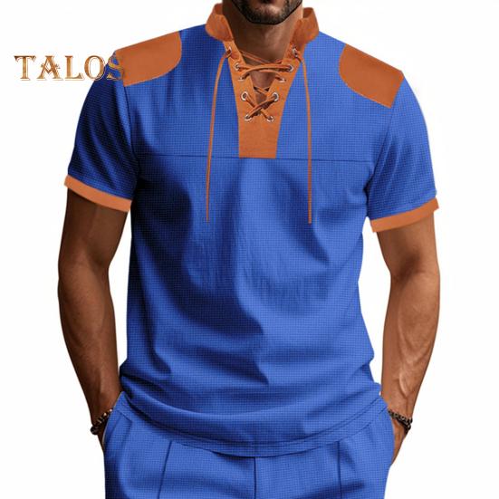 Мужская рубашка с V-образным вырезом на бретелях, цветная футболка с коротким рукавом в вафельную клетку, повседневная летняя футболка для повседневной вечеринки, офиса, путешествий