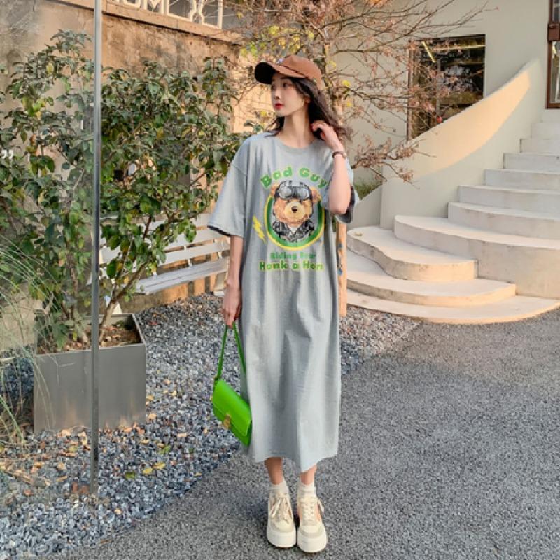 Женское повседневное платье-футболка, свободное корейское платье с коротким рукавом и мультяшным принтом для сна