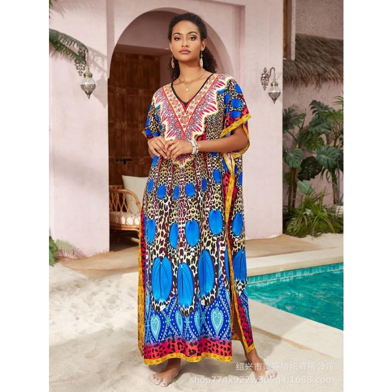 Плюс Размер Женский Пляжный Принт Длинное Платье Праздничный Солнцезащитный Купальник С Накидкой