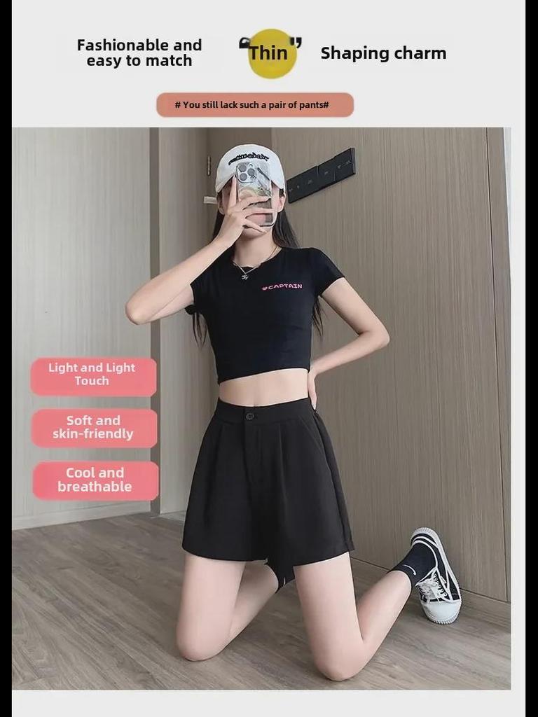 Женские черные эластичные повседневные летние шорты с высокой талией 2024 года — свободный крой, тонкие, широкие штанины