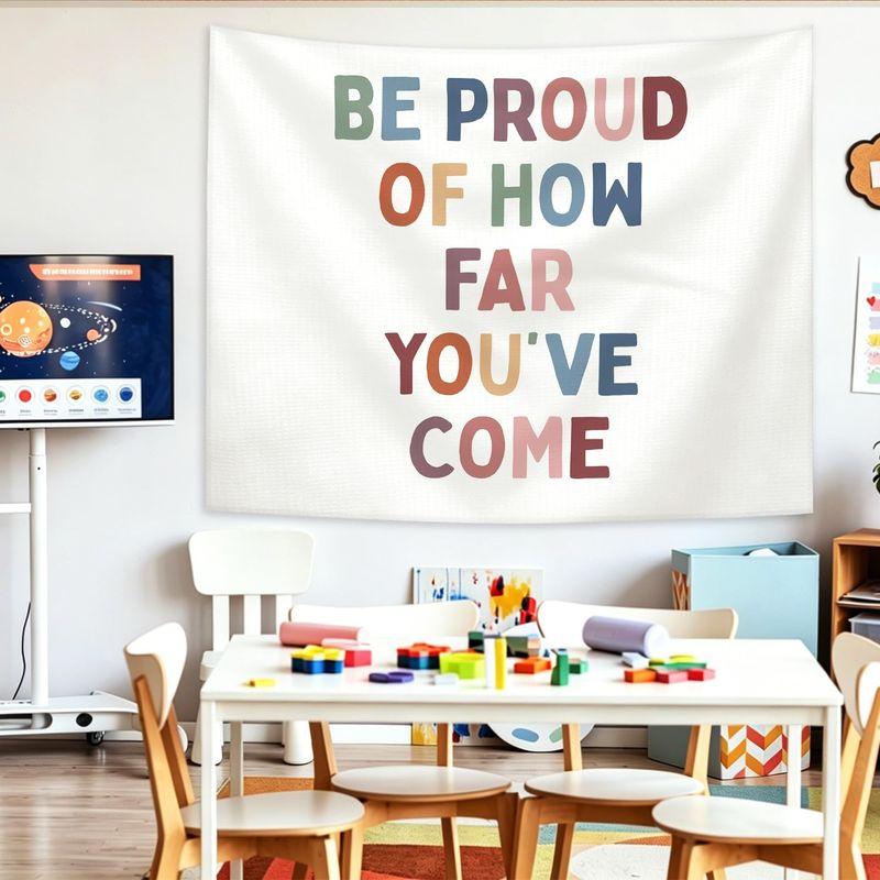 Children's Inspirational Slogan Tapestry, Cartoon Positive Energy Wall Hanging, Warm Healing Wall Decor for Classroom