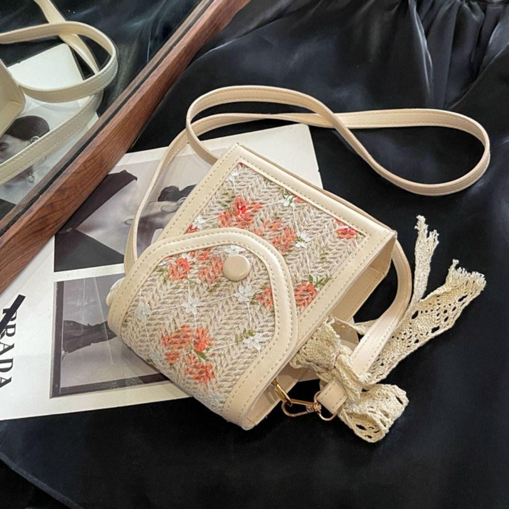 Flower Pattern Straw Crossbody Bag Small Cute Summer Bag Sweet Lovely Woven Handbag Shopping