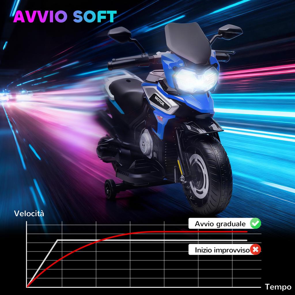 Electric Children's Motorbike with Training Wheels, Mirrors and Footrests, in PP and Metal, 85.5x44.5x56 cm, Blue