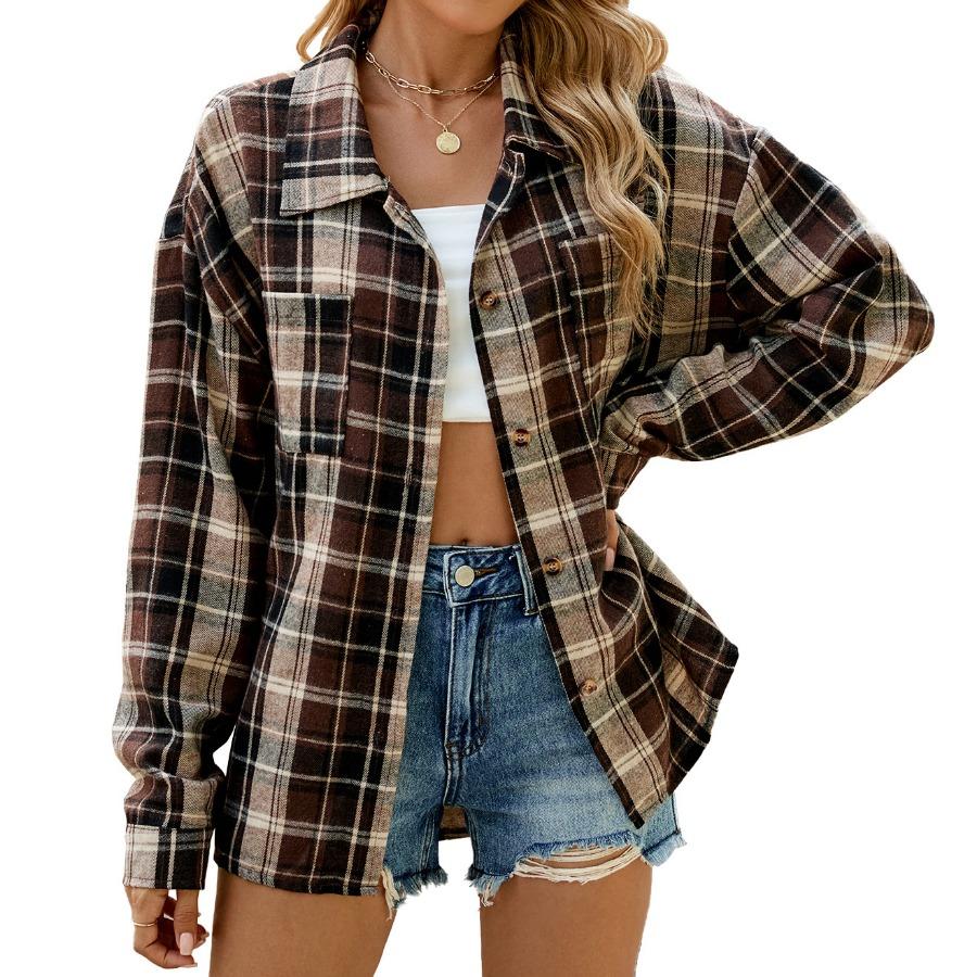 Autumn Winter Thick Long Shirts Lapel Long Sleeve Pocket Button Checkered Shirt Casual Plaid Blouse Jacket Top for Women