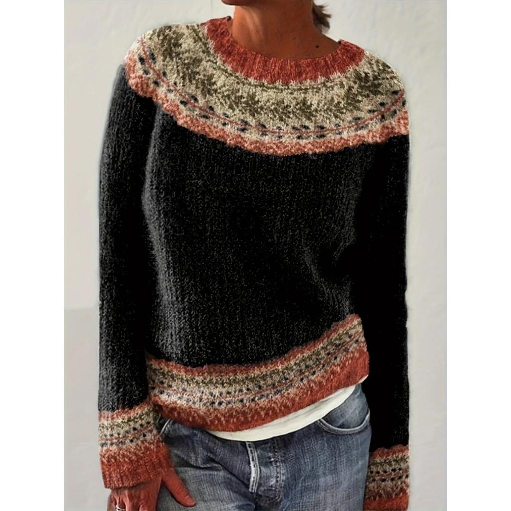 Свитер, Женский, Круглый вырез, Цветной блок, Свободный крой, Пуловер, Вязаный свитер, Теплый, Повседневный топ