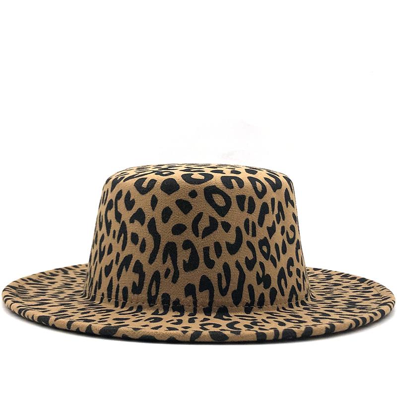 Новая шерстяная фетровая шляпа Fedora с плоским верхом и широкими полями, с леопардовым принтом для женщин, осенне-зимняя кепка-каноте, джазовая кепка с черной лентой