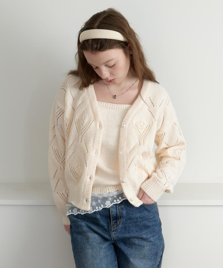 CLUNY [Set] Stitch Lace Pointelle Knit Cardigan - Indi Pink