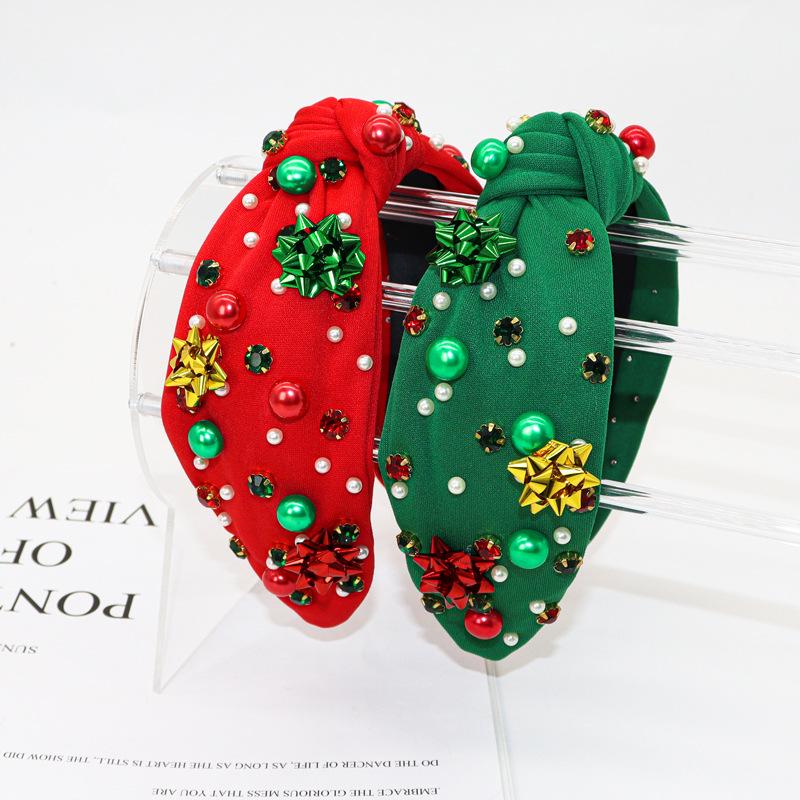 Европейская и американская рождественская повязка на голову с жемчужными цветами - Красный и зеленый трендовый аксессуар для женщин