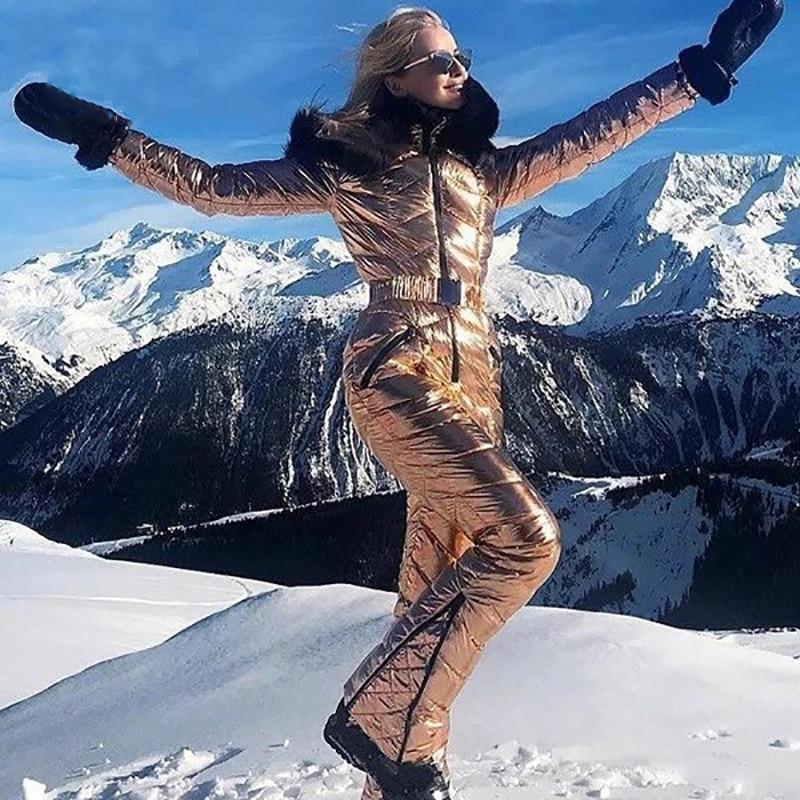Новый блестящий цельный лыжный костюм серебристого и золотого цвета, женский зимний ветрозащитный комбинезон для катания на лыжах, костюм для сноуборда, женские зимние костюмы