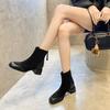 French Square Head Thin Boots Women's Spring and Autumn New Fashion Temperament Splicing Suede Retro Thick Heel Soft Sole Short Boots