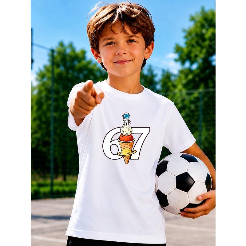 European sizes Number 67 Ice Cream Astronaut Boys' Short-Sleeve Children's Clothing, Short-Sleeve Comfortable Fashionable Boys' T-Shirt