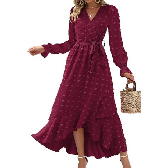 Long Sleeve Maxi Dress for Women V Neck Dot Design Boho Wrap Dress Casual Flowy Slit Wedding Guest Dress for Cocktail Party