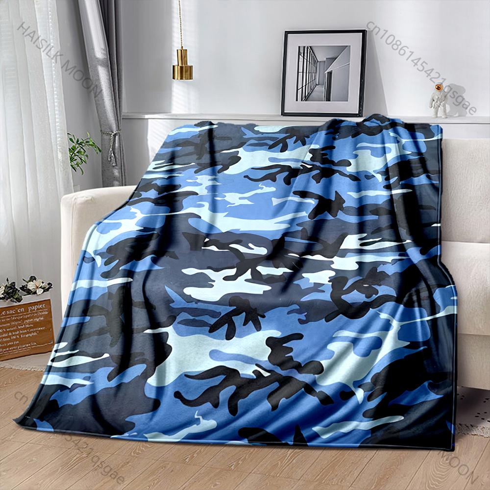 Blue camouflage pattern pattern Blanket Flannel Material Soft Warm for All Seasons Home Outdoor Camping Picnics RV Machine Wash