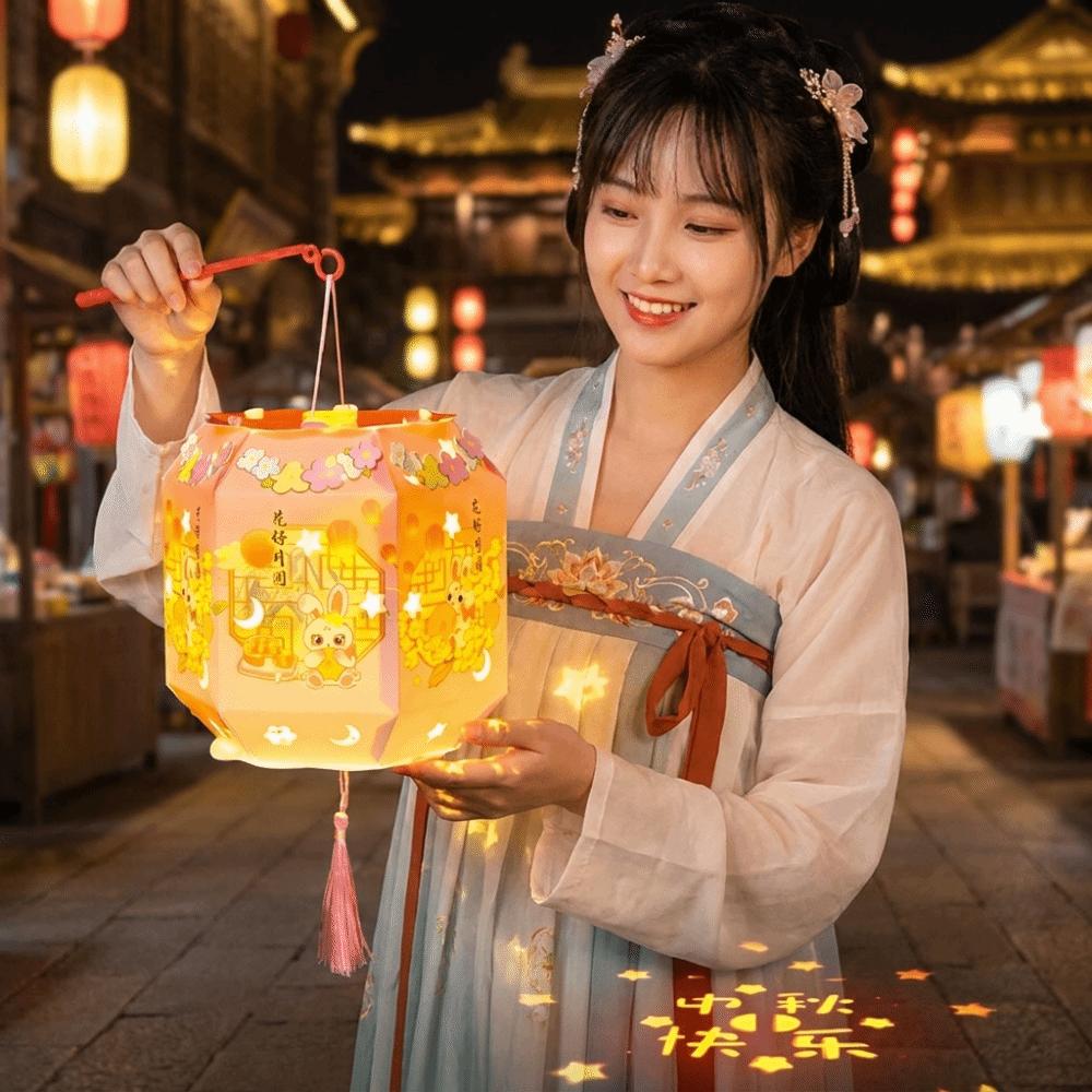 Cartoon Rabbit Mid-Autumn Festival Lantern Handheld Six-Sided DIY Craft Kit Lantern Paper Luminous Design LED Lantern Party