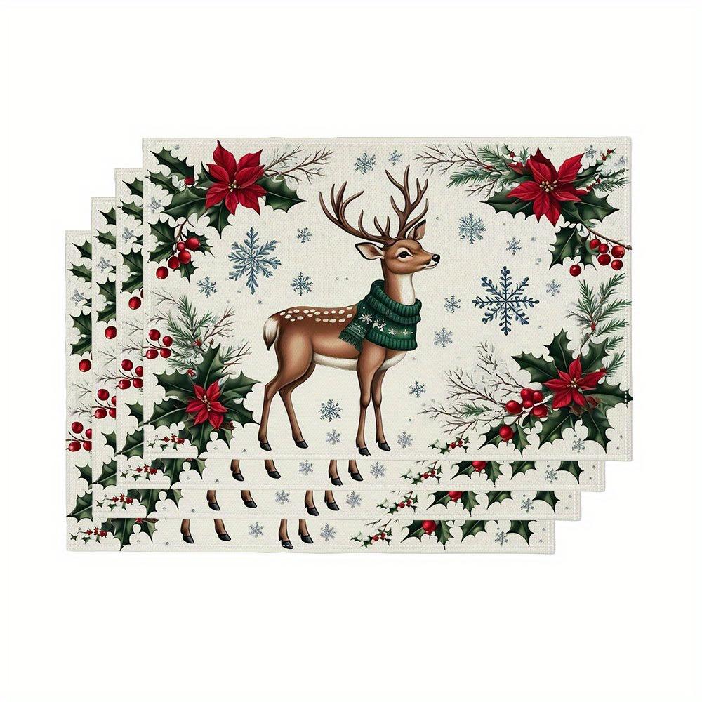 4pc S Festive Christmas Reindeer Placemats Set - Polyester Mats with Holiday Reindeer Design, Perfect for Kitchen