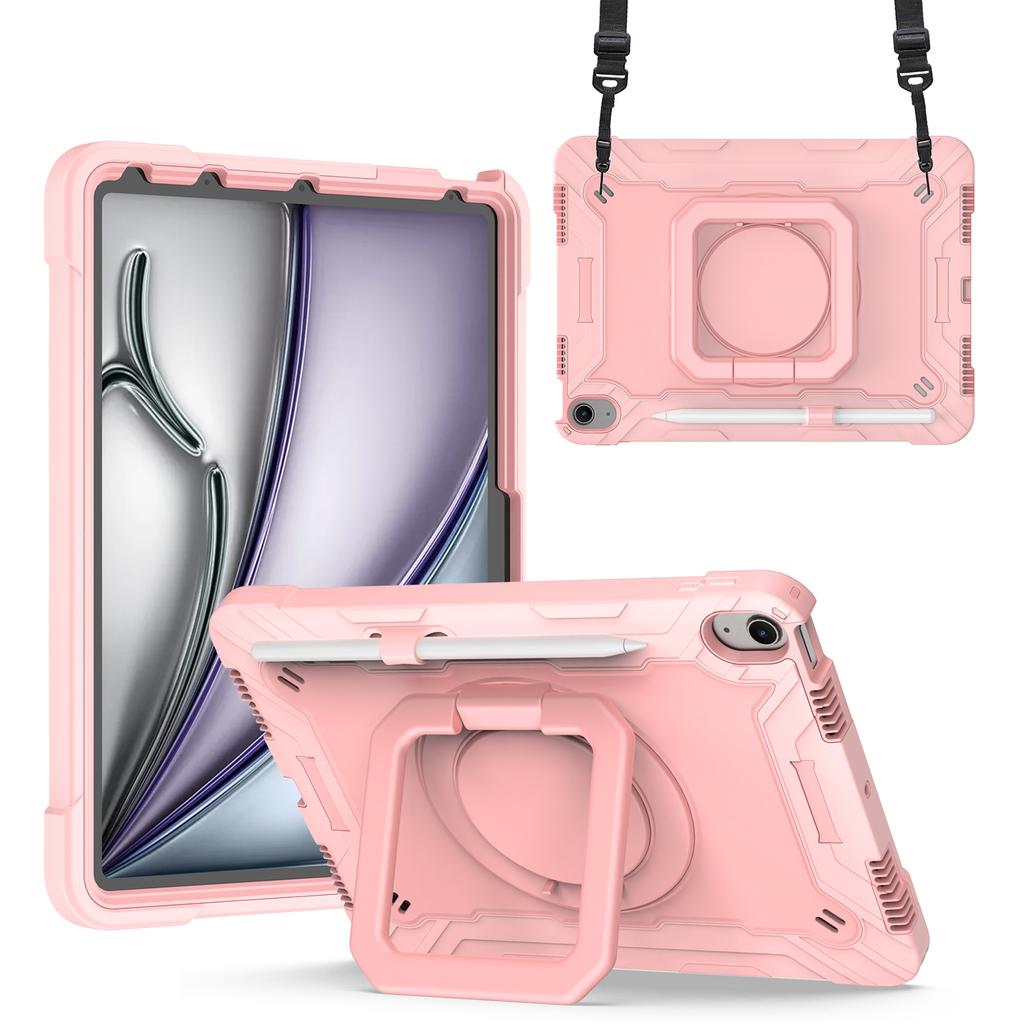 Для iPad Эйр 11 (2025)/(2024) Чехол с плечевым ремнем, ПК+Силикон, Ручка для держания, Подставка, Чехол для планшета