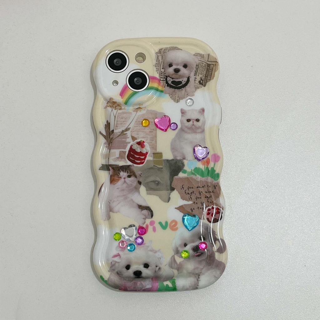 Ins Diy 3d Blingbling Crystal Relif Мультфильм Собака Ретро Кот Этикетка Чехол Для Iphone 13 14 Pro Max 12 11 Promax Imd Волнистый Чехол Для Телефона