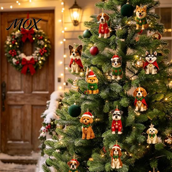 Festive Home Window Car Rearview Mirror Decor Dog Advent Calendar, 2D Acrylic Breeds Ornaments, 24-Days Christmas Cute Breed Pendants with Santa Hats