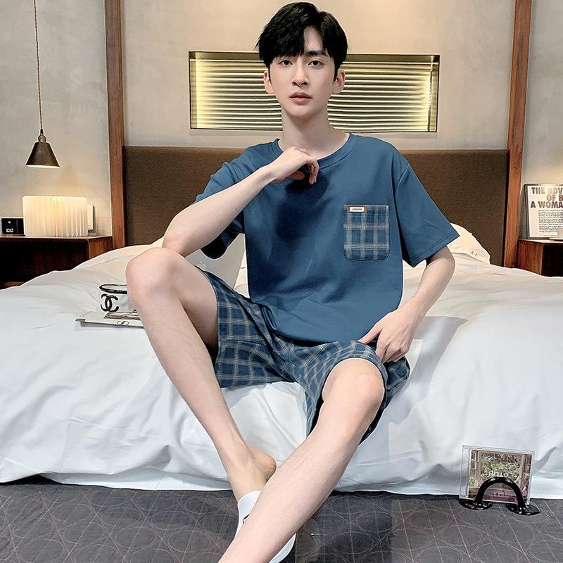 Летняя пижама для мужчин из хлопкового трикотажа с коротким рукавом, шорты, простые, дышащие, однотонные, с круглым вырезом, пуловер в клетку, пижамы