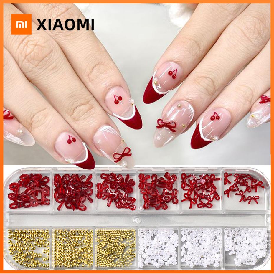 Xiaomi 12 Grid Wine Red Bow Tie Charms Nail Art Decorations with Golden White Jewelry Wedding Nail Supplies Nail Art Decor Accessories