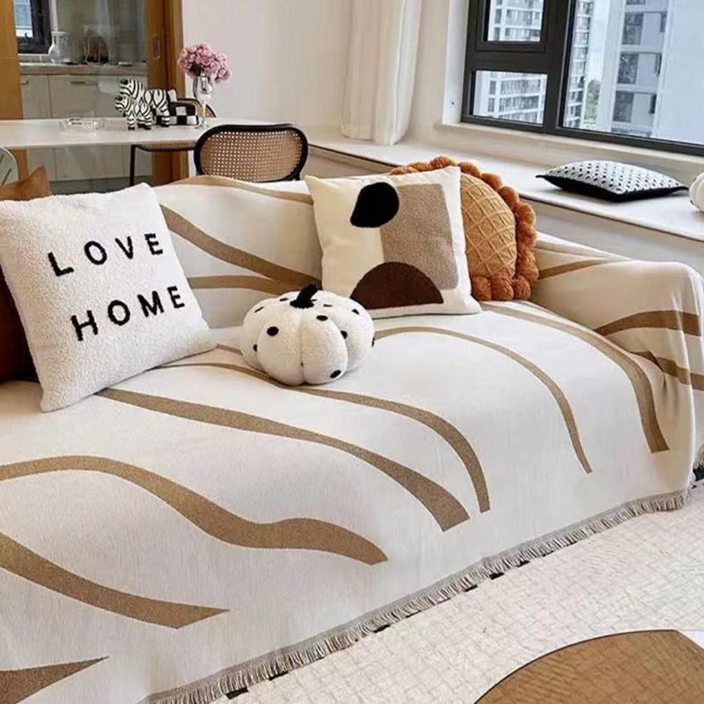 Simple Line Pattern Sofa Towel Cover, Reversible Chenille Sofa Cover, Living Room 3-Seater Sofa Cover Four Seasons Universal