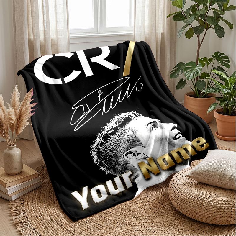 Cristiano Ronaldo Custom Name Text Flannel Blanket Soccer Logo Personalized Fleece Throw Blanket Special Gift For Sofa Bedroom Home
