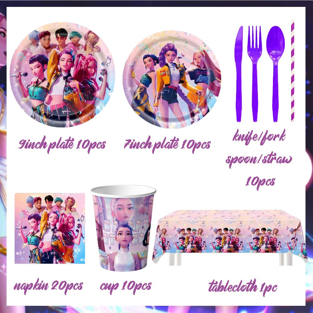 KPop Girl Demon Hunter Birthday Party Decorations Purple Disposable Tableware Anime Pink Balloons Backdrop Banner Cake Toppers
