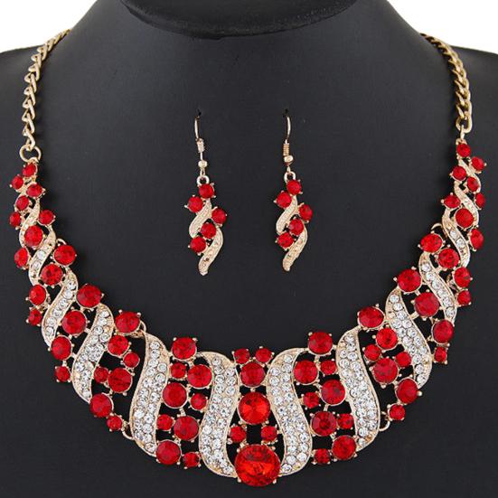 Women Rhinestone Spiral Bib Necklace Hook Earrings Statement Party Jewelry Set