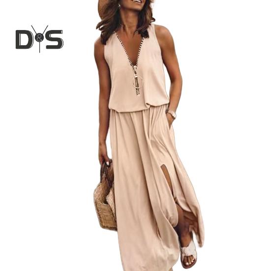 Женское летнее длинное платье без рукавов, повседневное платье макси с застежкой-молнией спереди, V-образным вырезом, карманом, плиссированным разрезом, платье миди